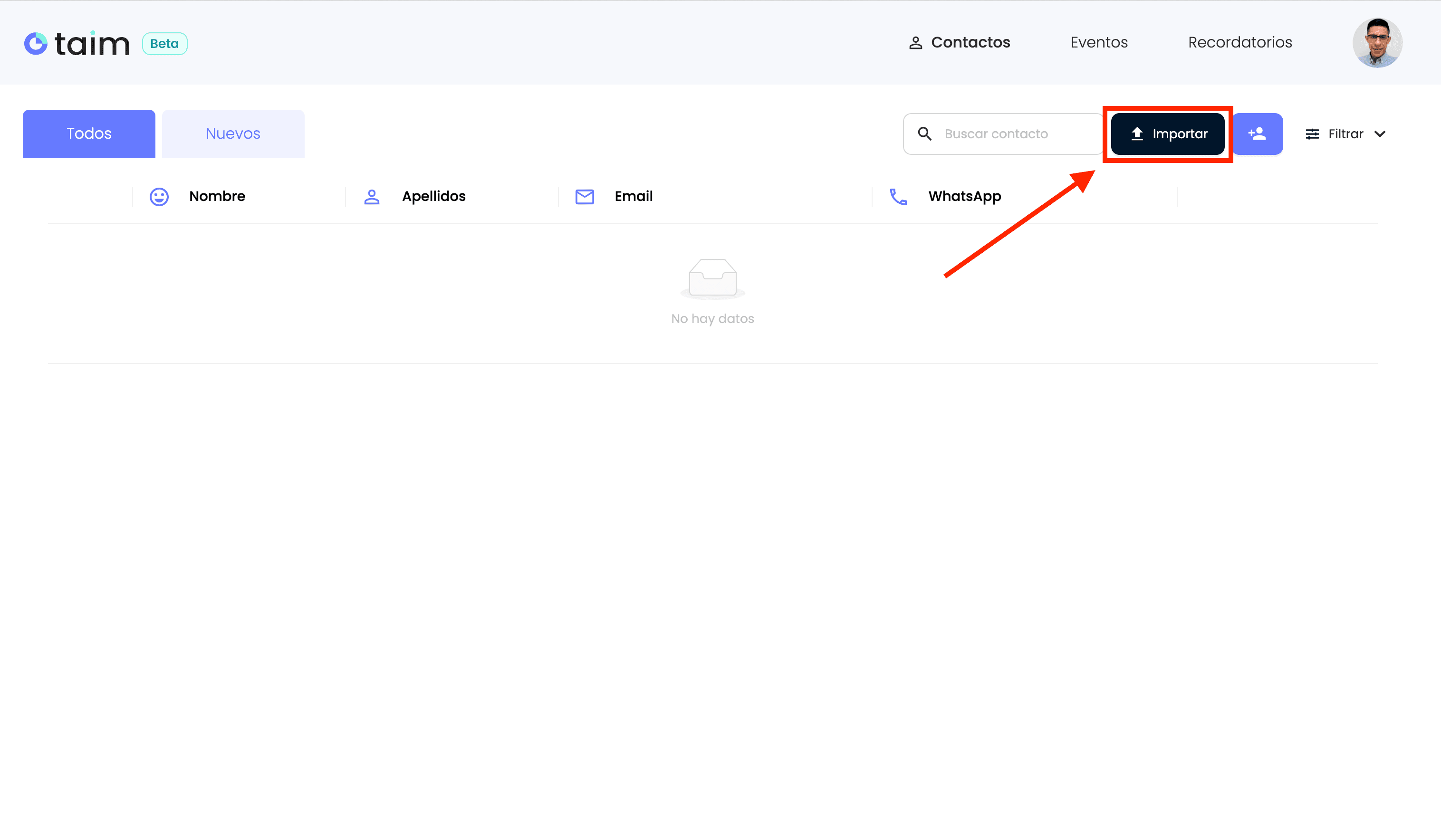 Screenshot del botón importar